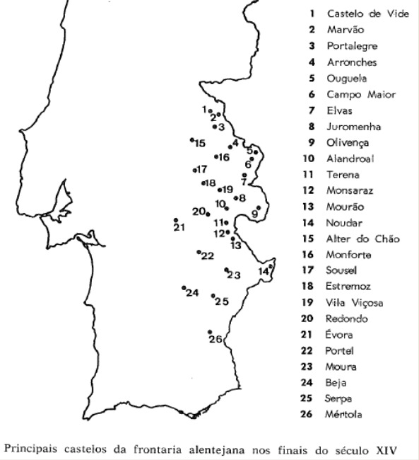 Principais castelos da fronteira alentejana nos finais do século XIV.