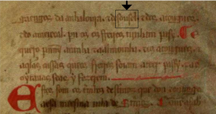 Fac-símile da segunda folha do Foral de Estremoz (1258); "Sousel" assinalado no topo.